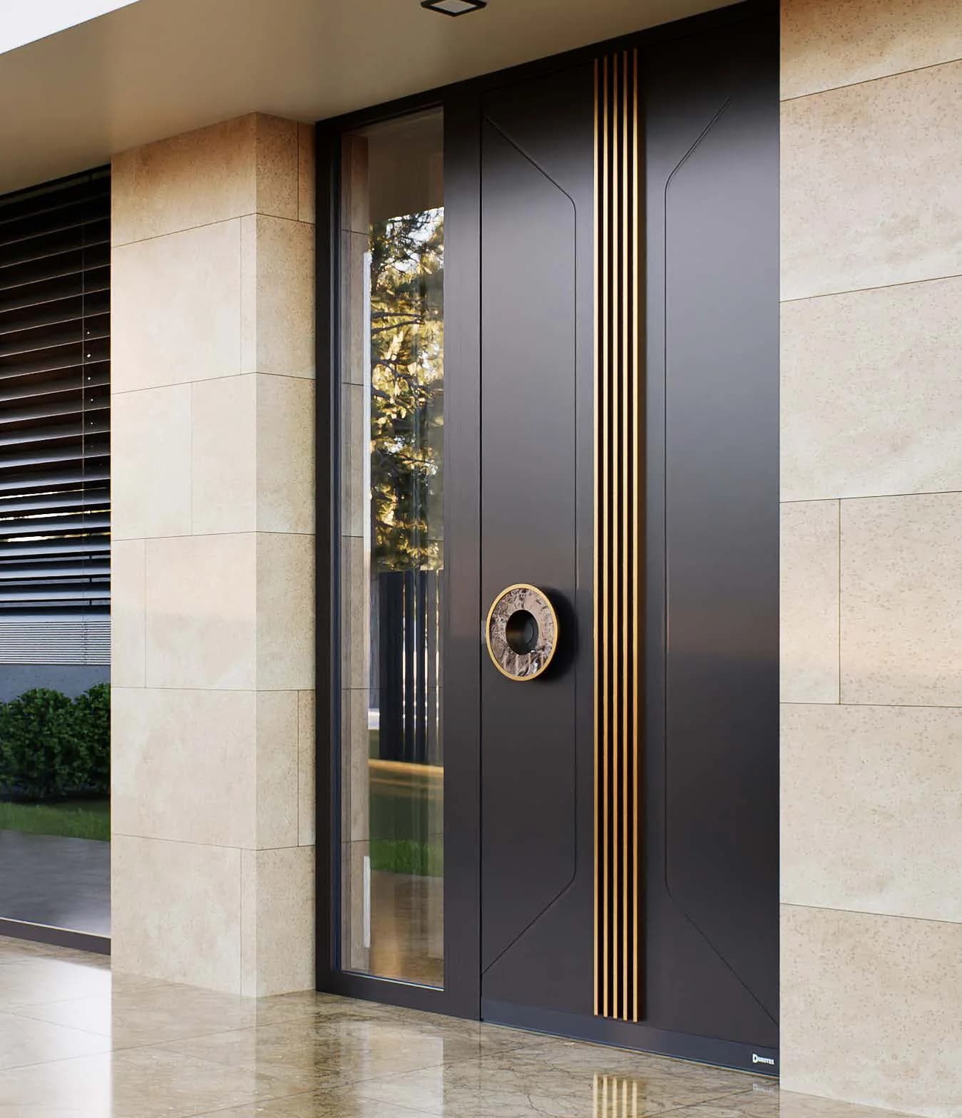 Drutex D-Art Line Haustür in Anthrazit mit Messing-Lisenen und runder Griffrosette