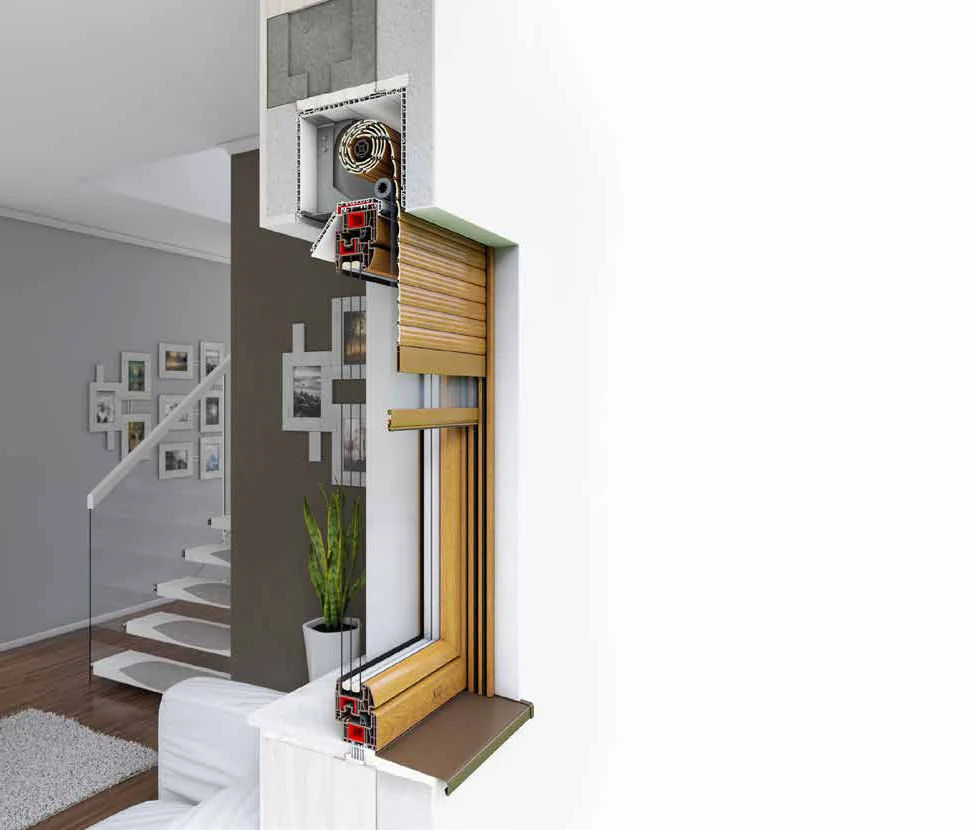 Schnitt durch Wand und Fenster mit eingebautem Aufsatzrollladen